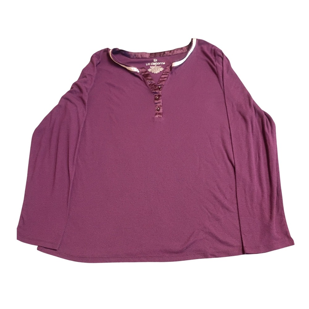 Liz Claiborne Henley Top Womens XL Purple Satin Trim Long Sleeve Casual Knit